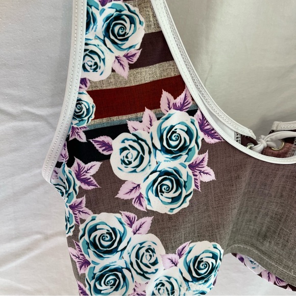 Athletic Swim Top Bikini Flower an Stripe Print with Tie Front XL - Picture 6 of 11